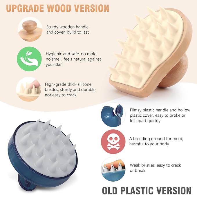 Scalp Massager Shampoo Brush, Wooden Wet and Dry Hair Scalp Care Brush, Shower Brush Scalp Scrubber Exfoliator with Soft Silicone Bristles for Dandruff Removal, Hair Growth (Beige)