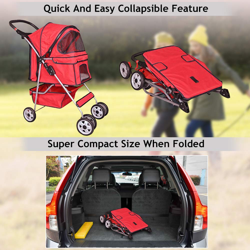 4 Wheels Pet Stroller Cat Dog Cage Stroller Travel Folding Carrier with Cup Holders and Removable Liner for Small-Medium Dog, Cat (Red)