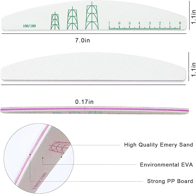 JERCLITY 10 Pieces 100/180 Grit Nail File Professional Double Sided Nail Files with Shape Guides and Ruler Manicure Pedicure Tool Nail Buffering Files