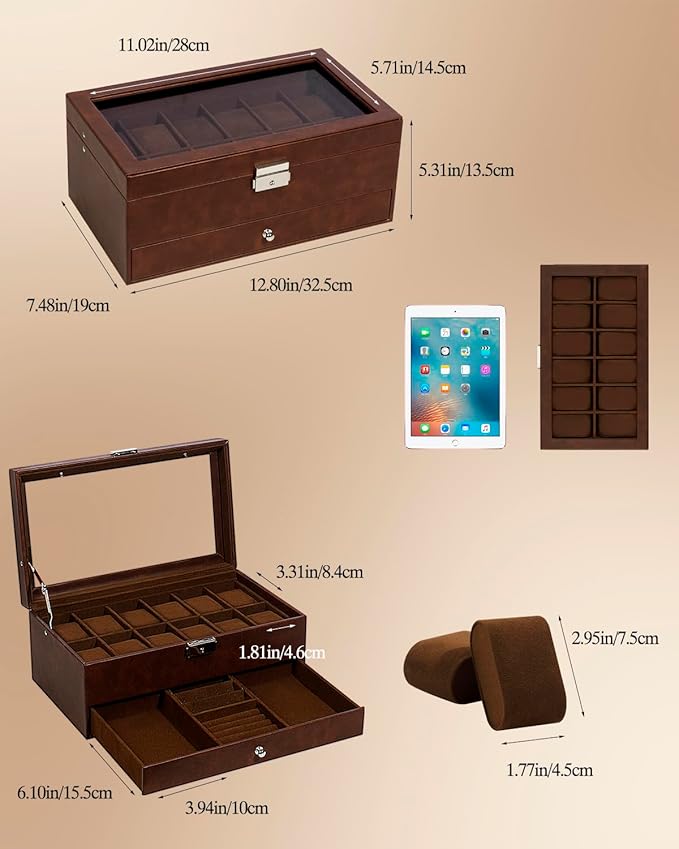 GUKA Watch Box 12 Slot Watch Display Organizer Leather Jewelry Case Drawer Glass Birthday for Men Women, Child Husband Dad GK-012-BROWN-LED-24