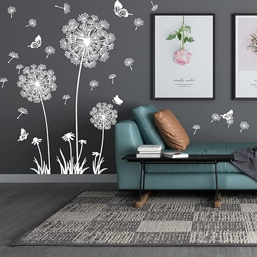 Joyartu 2 Sheets Dandelion Wildflower Wall Decals Art,Flower Stickers, Murals with Butterflies, Removable DIY Sticker Decals for Bedroom Living Room Nursery Classroom Playroom (White)