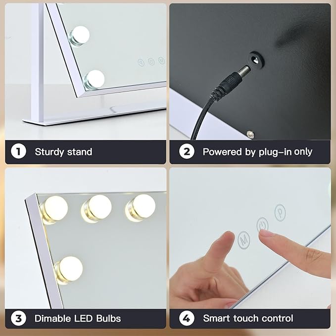 Vanity Mirror with Lights, 17'' x 13'' Lighted Makeup Mirror for Desk, Hollywood Mirror with 15 Dimmable Bulbs, 3 Color Modes, Smart Touch Control, 360°Rotation, Gifts for Girls
