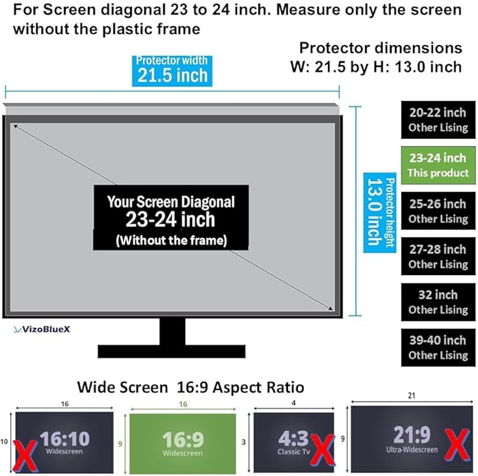 VizoBlueX 23-24 inch Anti-Blue Light Filter for Computer Monitor. Screen Protector Panel 21.5” x13.0 Blocks Blue Light for LCD TV PC Mac iMac Monitors