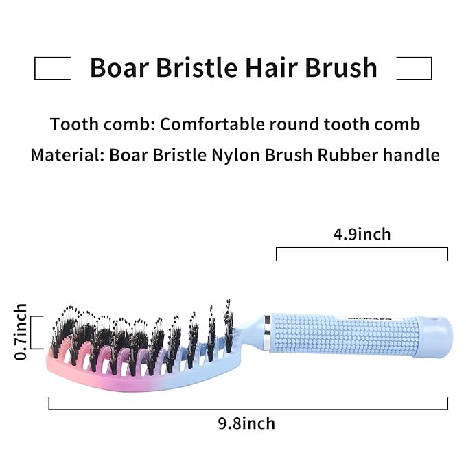 Detangling Brush Boar Bristles Hair Brush for Adult & Kids Wet or Dry Hair,Curved and Vented Detangler Brush - Adds Shine and Makes Hair Smooth(Blue)