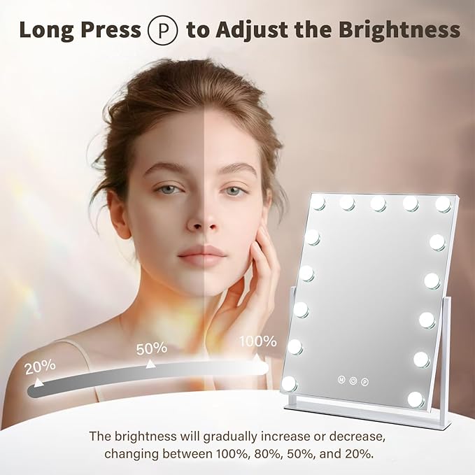 Vanity Mirror with Lights, 17'' x 13'' Lighted Makeup Mirror for Desk, Hollywood Mirror with 15 Dimmable Bulbs, 3 Color Modes, Smart Touch Control, 360°Rotation, Gifts for Girls