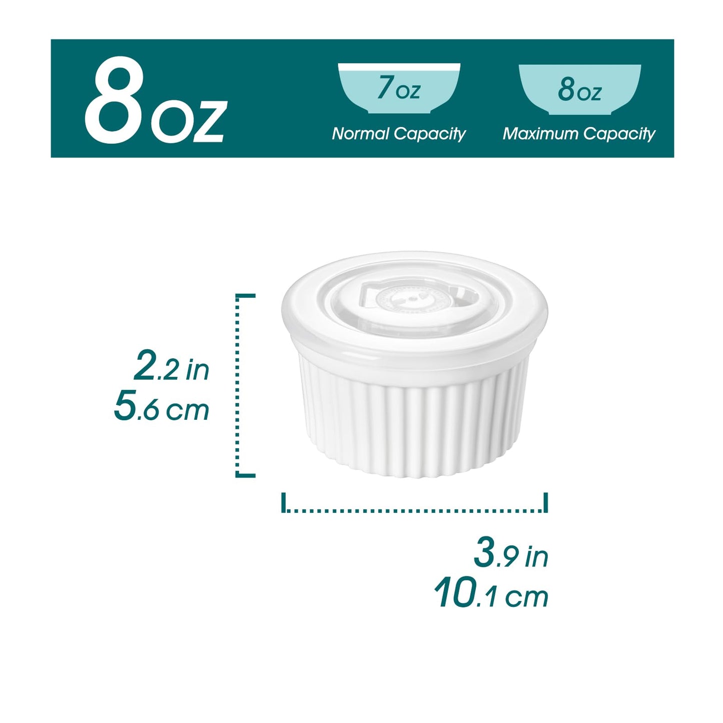 vancasso 8 oz Ramekins with Lid, Porcelain Creme Brulee Souffle Dishes, White Pudding Custard Cups Ramiken for Baking, Dishwasher and Oven Safe, Set of 6