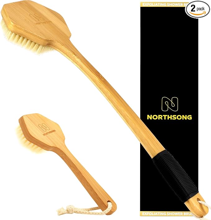NORTHSONG Deep Cleaning Body & Face Scrubber Set Extra Long17.72Inch Bamboo Back Brush with Wild Boar Bristles&Gentle Facial Cleansing Brush for All Skin Types Ideal for Elderly, Sensitive Skin