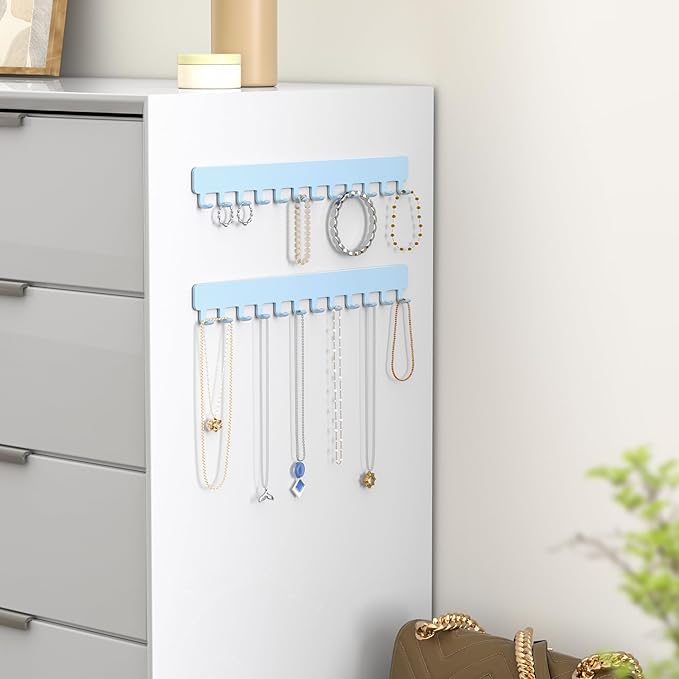 Necklace Organizer Wall Mount: Wall Necklace Hanger with Hooks for Tangle-Free Storage – Easy Access Wall Mounted Necklace Holder for Jewelry Display, Baby Blue