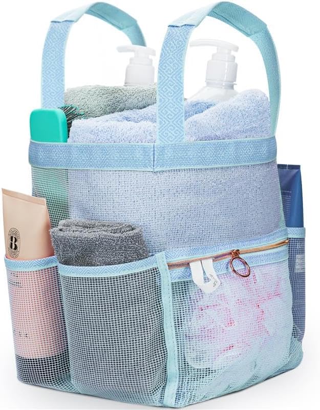 DV Lifestyle Mesh Shower Caddy Dorm, 7 Pockets & 1 with Zipper, Shower Tote with Padded Handles, Travel Portable, Shower Caddy College Room Essentials, Bathroom Shower Bag (Blue)