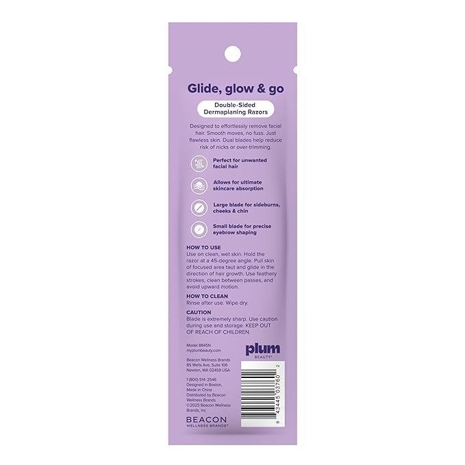 Plum Beauty Double-Sided Dermaplaning Razors (4-Pack) Ã¢ÂÂ Dual-Blade Facial Razors for Women - Precision & Large Blades for Brows, Upper Lip, & Cheeks - Peach Fuzz Remover & Exfoliating Face Tool