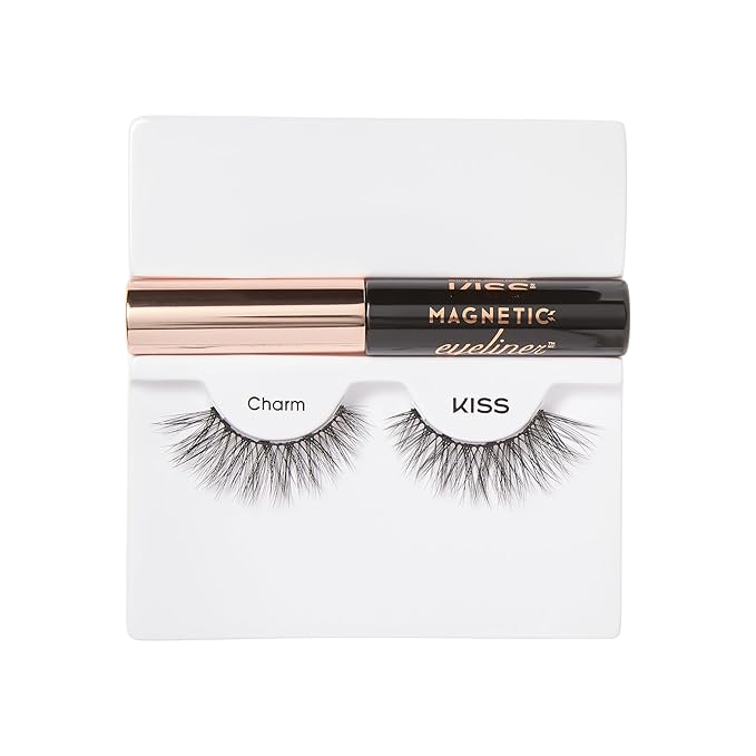 KISS Magnetic False Eyelashes and Eyeliner, ‘Charm’, 12mm, Easy to Apply, Reusable, No Glue, Flexible Band, Precision Felt Tip, Fortified Formula, 1 Pair Strip Lashes (Pack of 2)