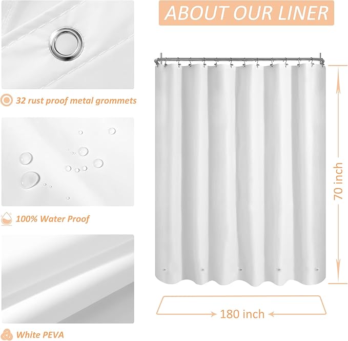 Mrs Awesome White Clawfoot Tub Shower Curtain or Liner with 12 Magnets - Free 36 Hooks Included, Waterproof PEVA, 180" x 70", White