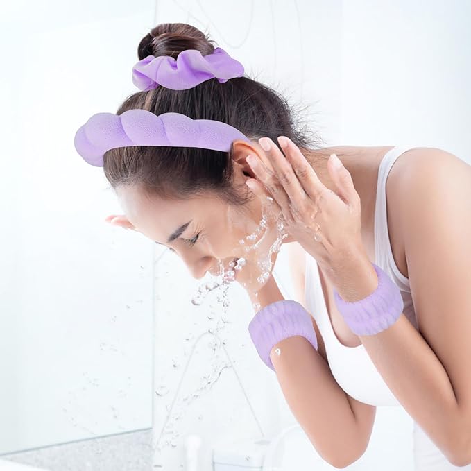 SuPoo Hairband, 6pcs Purple Spa Headband and Wristband Set, Soft Microfiber Material, Perfect Size, Strong Water Absorbent, Multi-Function Use for Skincare, Sports, Yoga, Makeup, Shower
