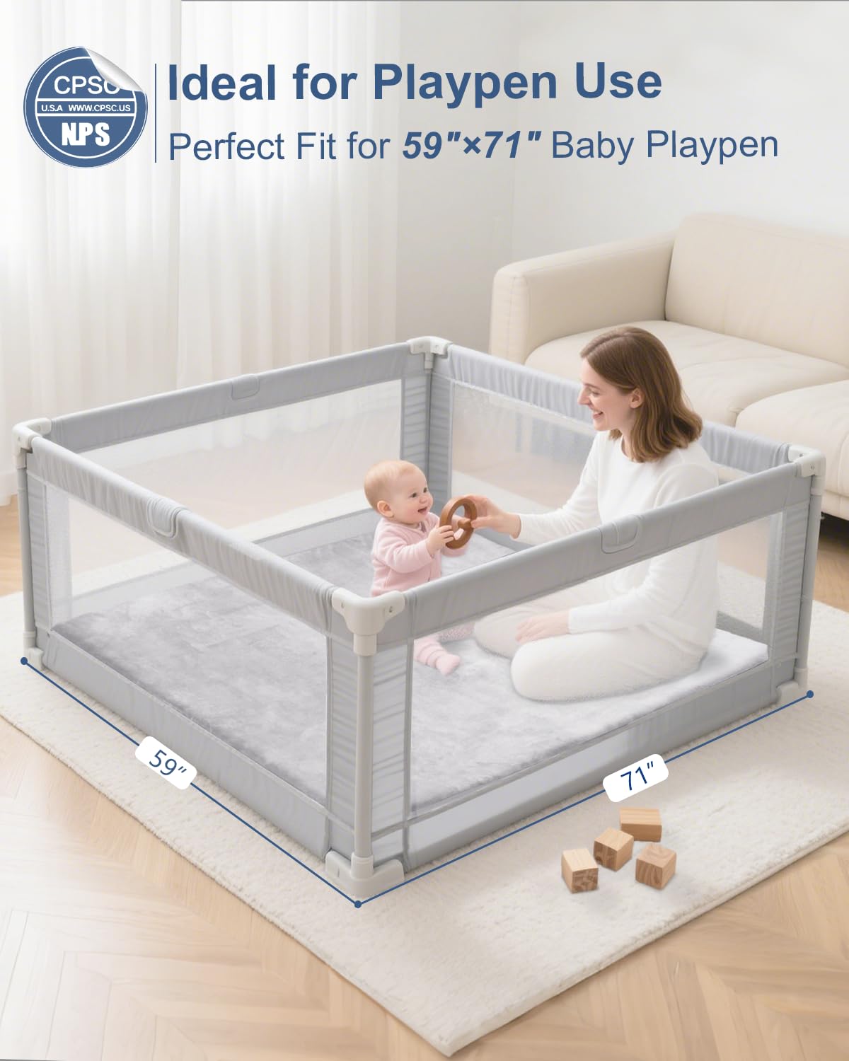 Thick Baby Play Mat for Floor,59 x 71 Playpen Mat,Large Tummy Time Foam Mats,Soft Support & Plush Feel Nursery Kids Rug,Easy Care with Non-Slip Cushioned for Infant,Kids and Toddler Crawling,Grey