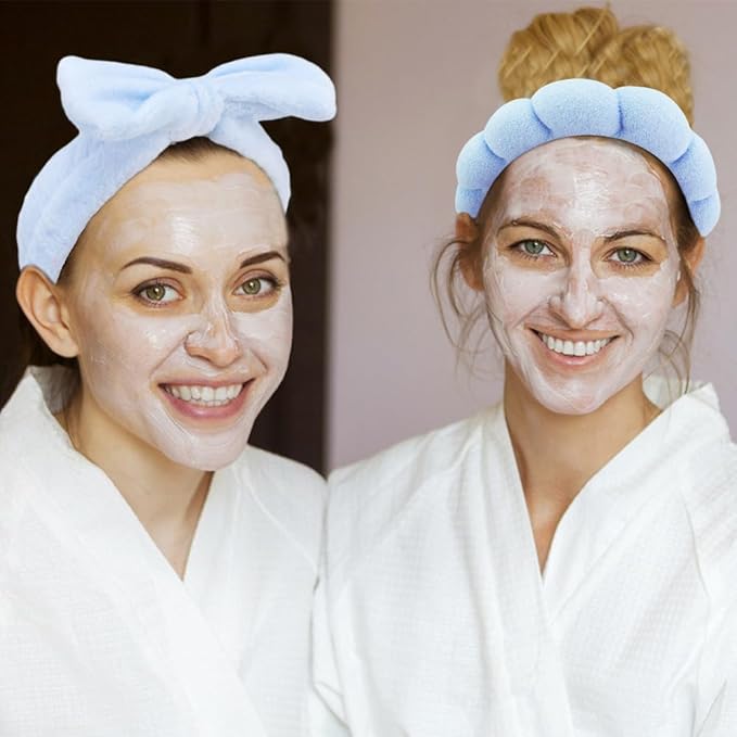 AOPRIE SPA Headbands for Washing Face Makeup Headbands with Bow Hair Band Women Facial Head Band Wrist Towel Wraps Venus Shower Face Mask Blue, 6 Pack