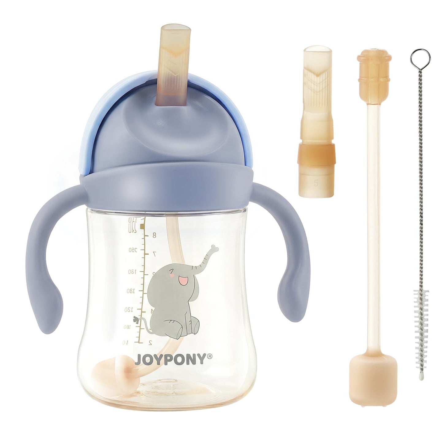 Joypony Sippy Cups for Toddlers 1-3, Spill Proof Weighted Straw Cup with Handle for Baby 6 Months + old, 2 Silicone Straws, PPSU, BPA Free, 9 oz (Blue)