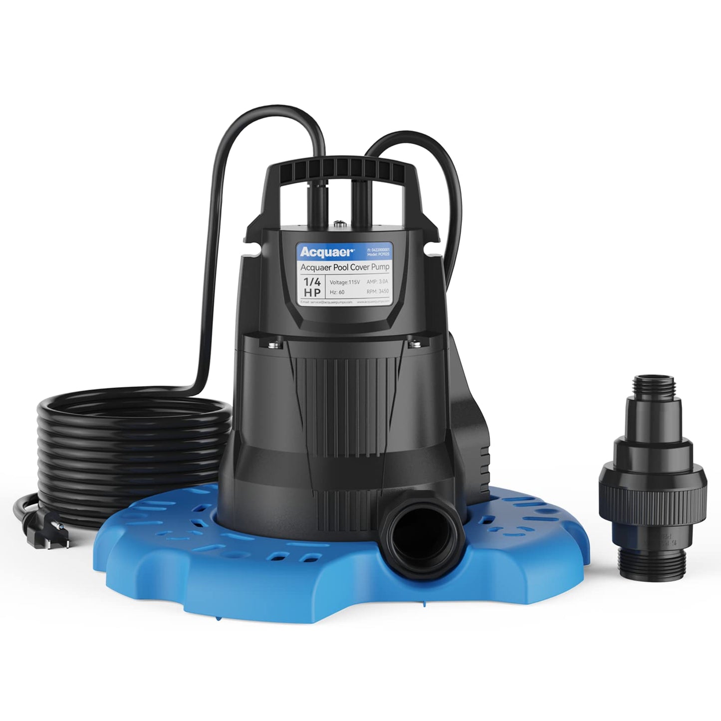 Acquaer Automatic Swimming Pool Cover Pump, Submersible Sump Pump with 3/4” Check Valve Adapter & 25ft Power Cord, Water Removal for Pool, Hot Tubs, Rooftops, Water Beds and More, 1/3 HP 2950 GPH