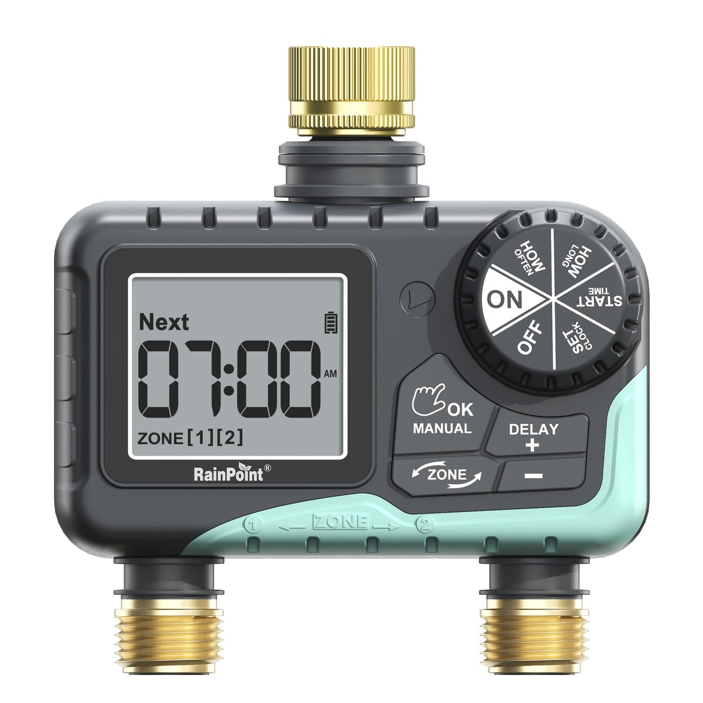 RAINPOINT 2 Zone Sprinkler Timer with Brass Inlet and Outlet - Water Timer for Garden Hose with Rain Delay/Manual Watering/Automatic Irrigation Controller System for Yard Lawn Garden(Blue)
