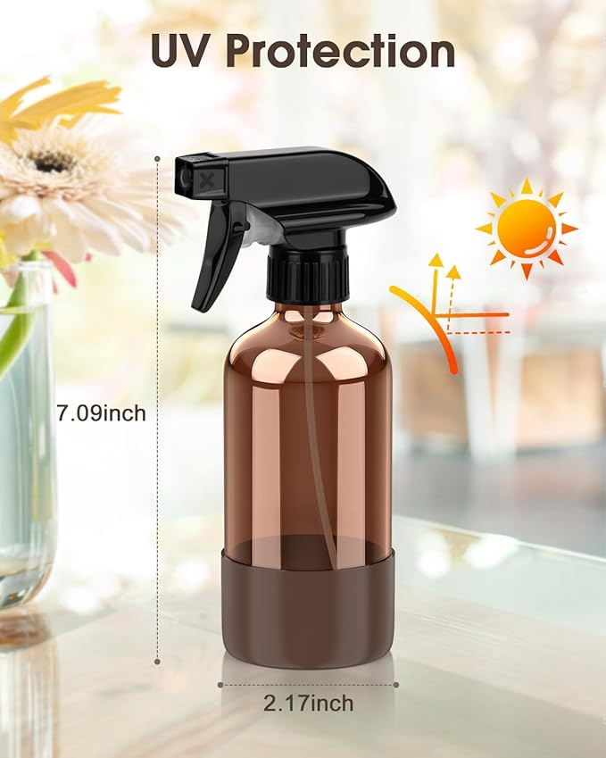 Bontip Glass Spray Bottle with Silicone Sleeve Protection, Amber Glass Spray Bottle Set for Window Cleaner Aromatherapy Facial Hydration Watering Flowers Hair Care 2 Pack/8 oz (Black & Brown)