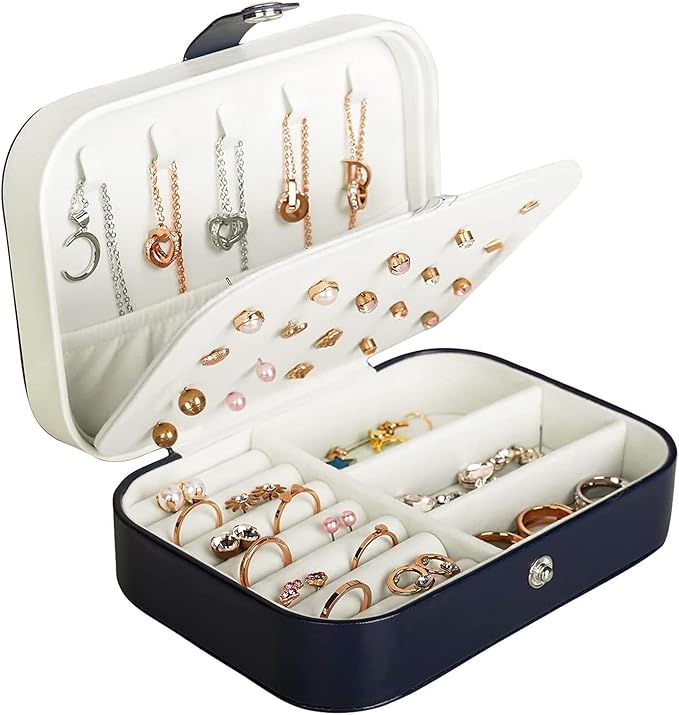 Hatori Travel Jewelry Box, PU Leather Small Jewelry Organizer for Women Girls, Portable Mini Travel Case Display Storage Holder Boxes for Stud Earrings, Rings, Necklaces, Bracelets (Blue)