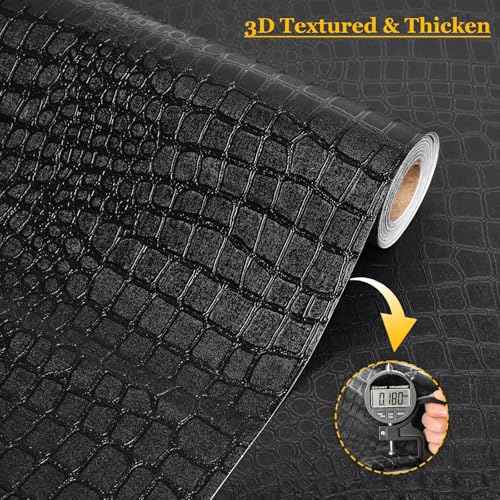 Black Peel and Stick Wallpaper 118inL 17.3inW Black Contact Paper for Cabinets Removable Textured Modern Crocodile Self Adhesive Wallpaper for Bedroom Bathroom Waterproof Leather Contact Paper