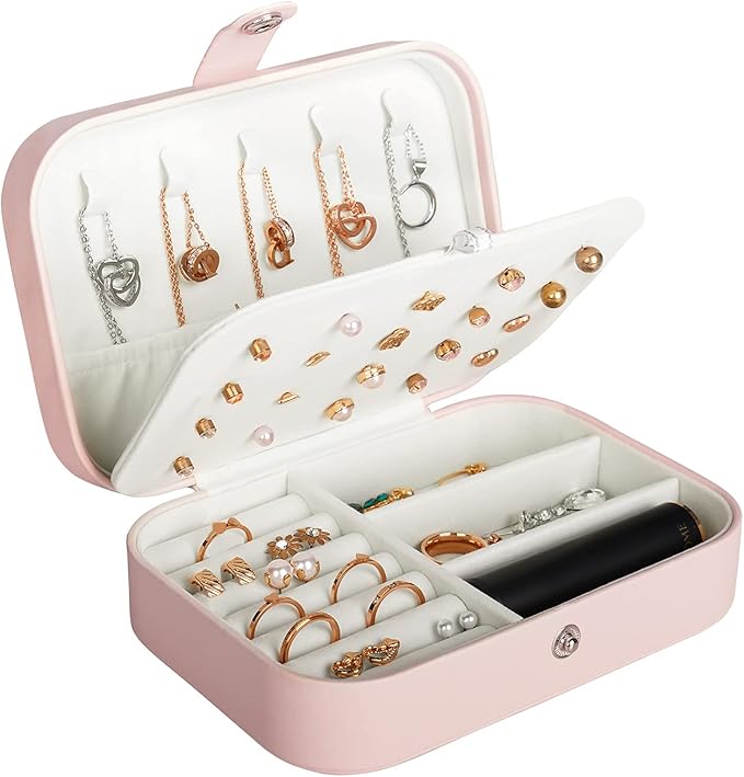 Hatori Travel Jewelry Box, PU Leather Small Jewelry Organizer for Women Girls, Portable Mini Travel Case Display Storage Holder Boxes for Stud Earrings, Rings, Necklaces, Bracelets (Pink)