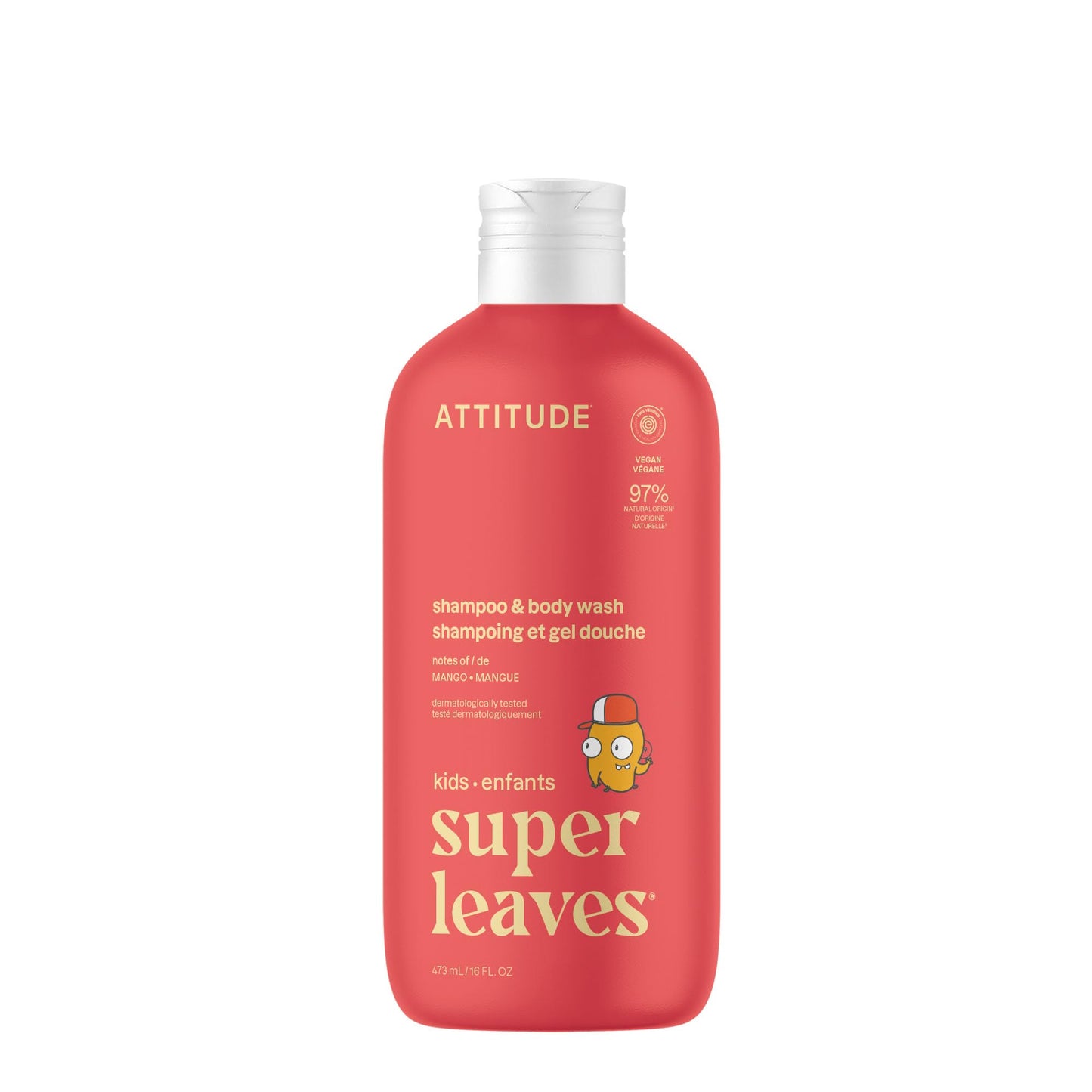 ATTITUDE Shampoo and Body Wash for Kids, EWG Verified Hair and Body Cleanser, Dermatologically Tested Soap, Plant and Mineral Based Bath Products, Vegan, Mango, 16 Fl Oz