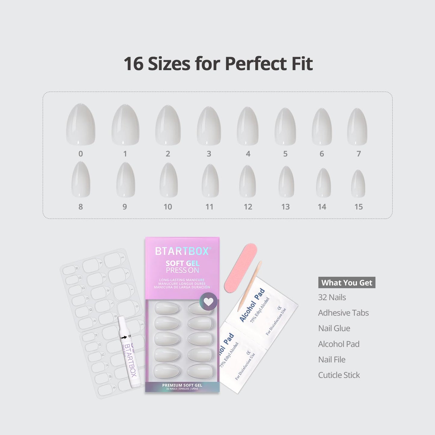 BTArtbox White Press On Nails Short - Soft Gel Press on Nails Almond, White Glue on Nails with Nail Glue, Reusable Stick on Nails in 16 Sizes, Cream Puff