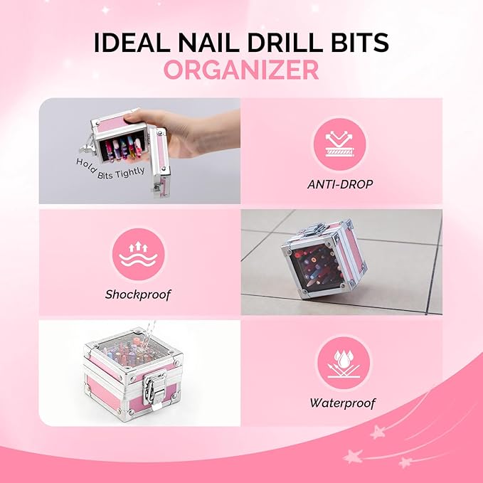 MelodySusie Nail Drill Bits Holder, 25 Holes Case, Portable Dustproof Displayer Organizer Container, Nail Tech Professional Nail Art Tool, Travel Salon Home, Pink (Drill Bits Not Included)