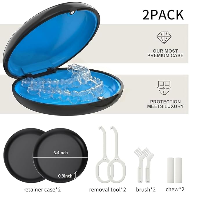 2 Pack Retainer Case, Compatible with Invisalign, Slim Aligner Case with Removal Tool, Aligner Seaters & Brush, Pocket Size Secure Magnetic Closure for Travel - Black