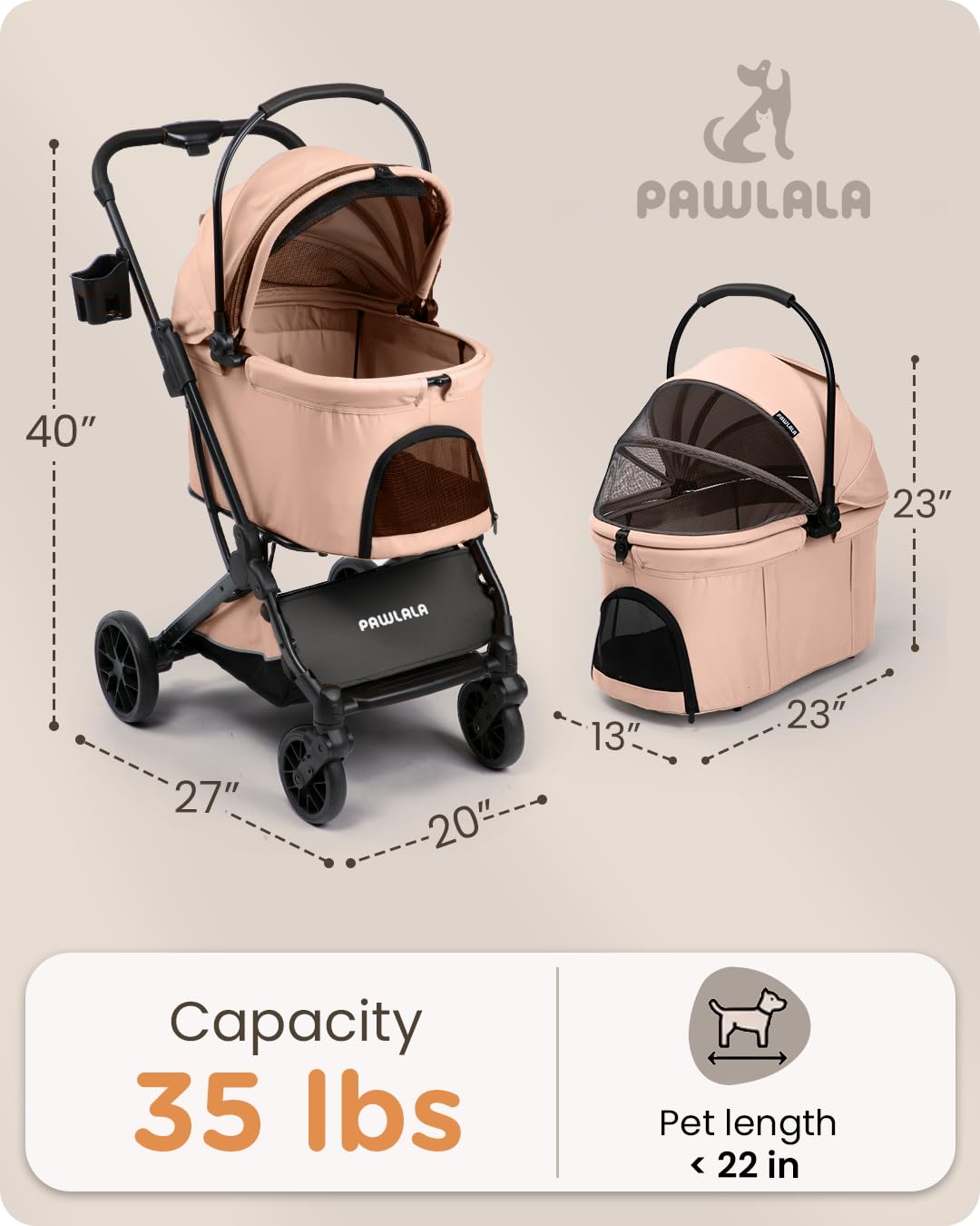 PAWLALA Pet Stroller with Detachable Carrier for Small & Medium Dogs & Cats, Smooth Comfort Ride with Shock-Absorbing Suspension, Foldable Dog Stroller, Compact Storage (Peach Pink)