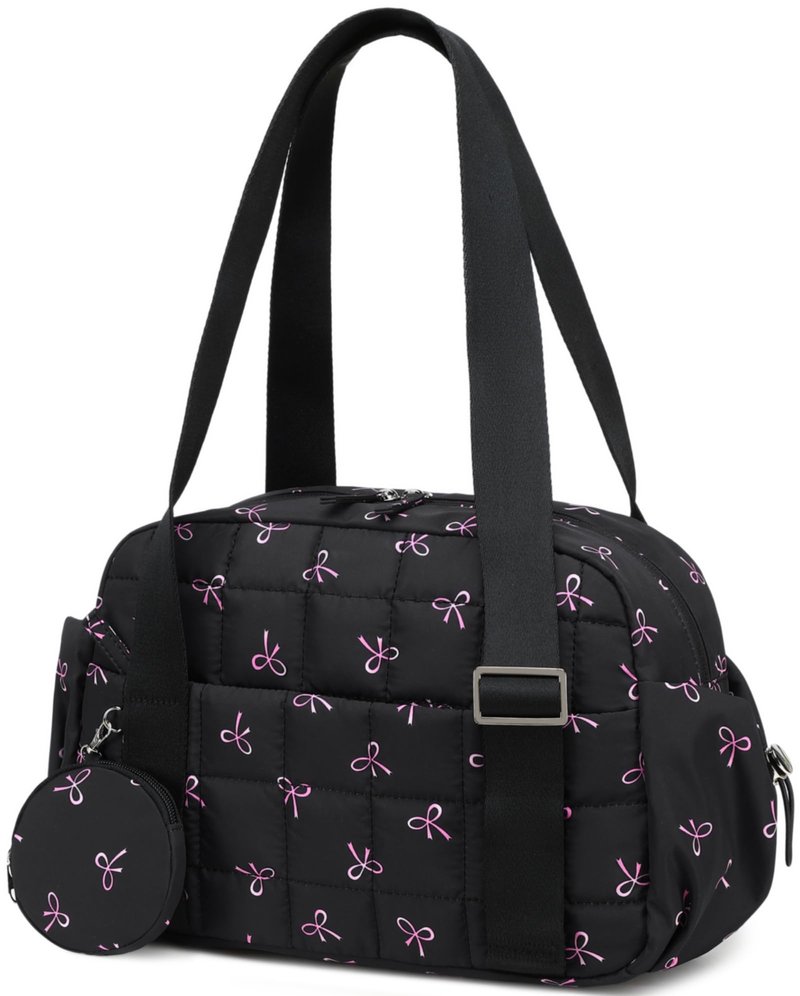 CAMTOP Mini Gym Bag for Women, Small Gym Tote Bag Puffy Quilted Sports Duffel Bag with Wet Compartment and Coin Purse Duffel Bags Dance Yoga Workout Bag for Gifts (Black Pink Bow, Mini-12.6")