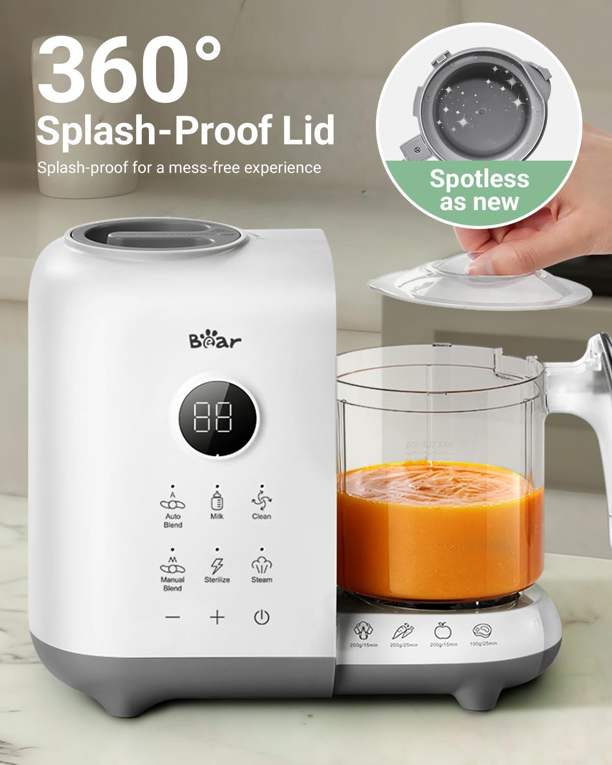 Bear Baby Food Maker with 18.5oz Dual-Layer Steam Baskets, OneStep Baby Food Processor Steamer Puree Blender Grinder Mills, Auto Cooking Grinding&Sterili-zing for Healthy Homemade Baby Food, BPA-Free