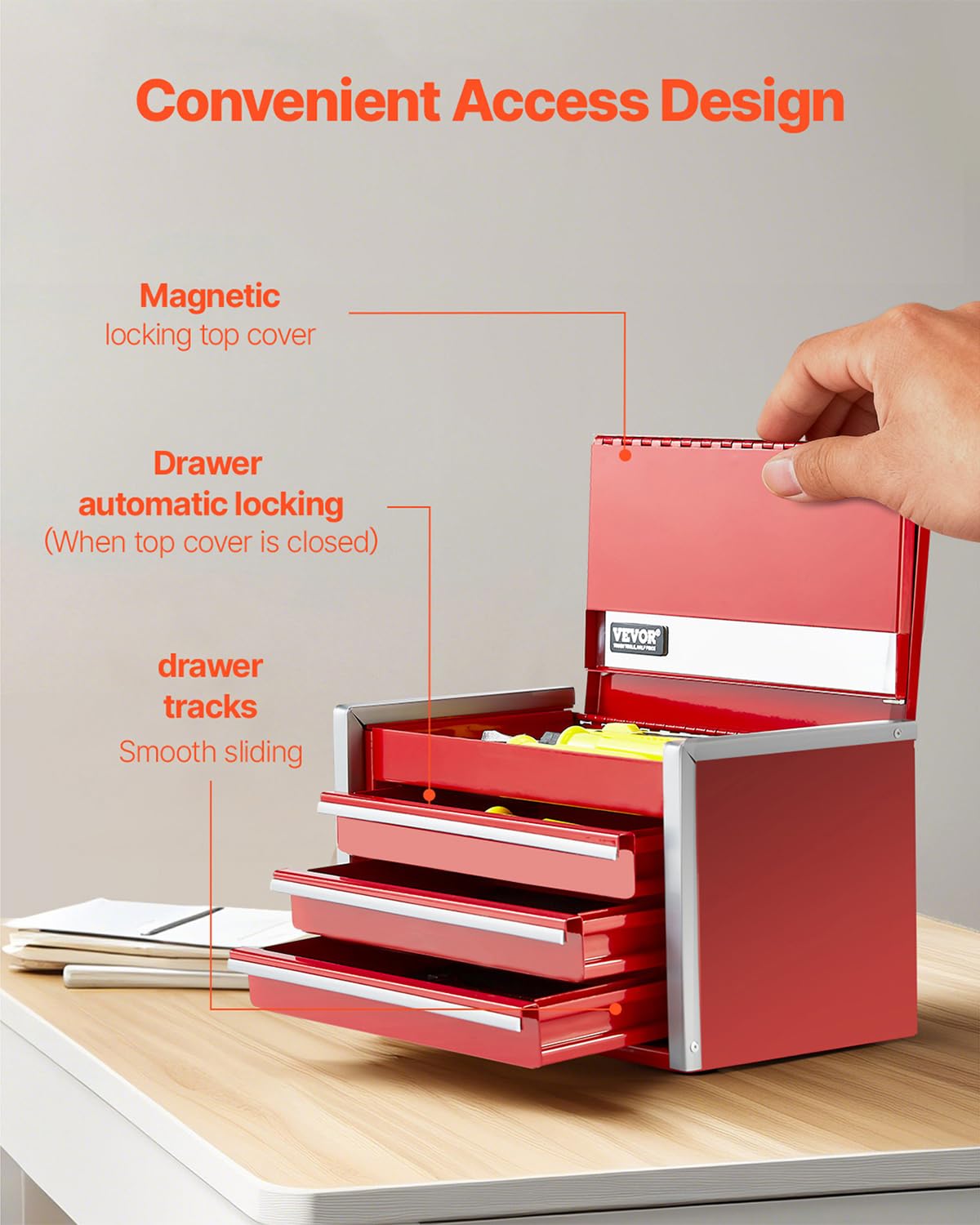 VEVOR Metal Tool Box, 8.6-inch, Portable Metal Tool Box with 3 Drawers, Small Tool Chest with EVA Liners and PP Feet Pads, Heavy-Duty Steel With Ball Bearing Opening and Powder Coated Finish, Red