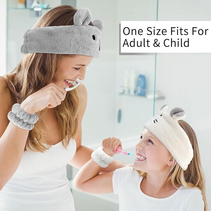 AHONEY Face Wash Headband and Wristband Set, Cute Makeup Spa Skincare Headbands Wrist Bands for Washing Face Headband for Women Girls Elastic Animal Hair Band (White&Grey)