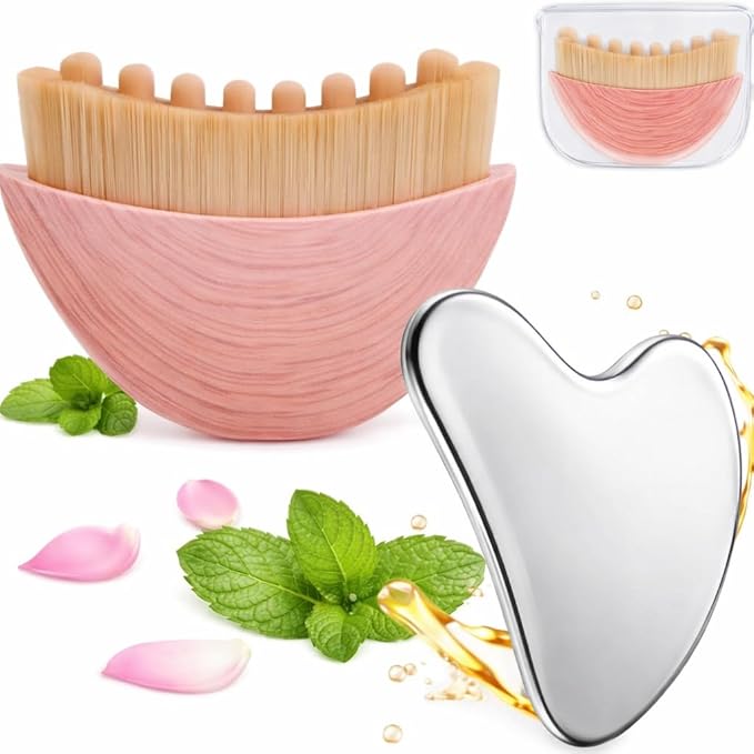 Lymphatic Contour Face Brush with Stainless Steel Gua Sha Tool - 1 Pcs Lymphatic Face Brushes with GuaSha Tool for Sculpting | Gua Sha Facial Tools | Facial Brush for Lymphatic Drainage Brushes (Pink)