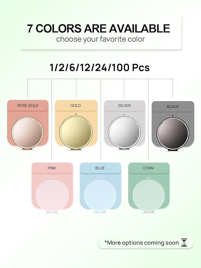 Compact Mirror for Purse, Set of 2 Double-Sided 1X/2X Magnifying Metal Pocket Makeup Mirrors(Round, Cyan)