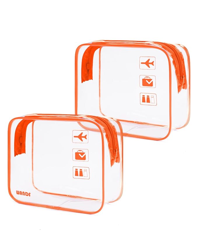 WANDF TSA Approved Toiletry Bag, 2 Packs Travel Clear Toiletry Bag, Quart Size Makeup Cosmetic Pouch with Zipper, Carry-On Airport Compliant Bag for Women and Men (2pcs Orange)