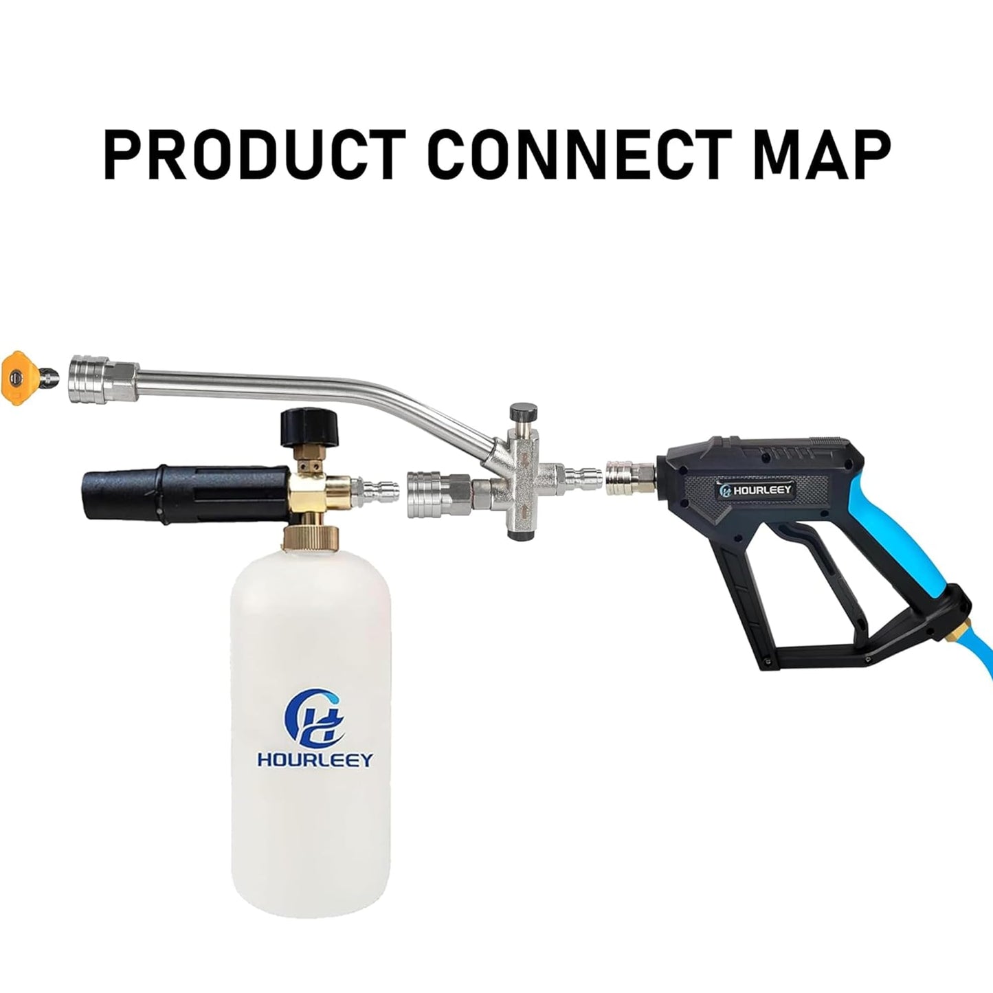 Hourleey Foam Cannon Dual-Connector Accessory, Pressure Washer Double Tip Attachment for Soap Cannon with 7 Power Washer Sprayer Nozzles, 1/4" Quick Connect, 4000 PSI