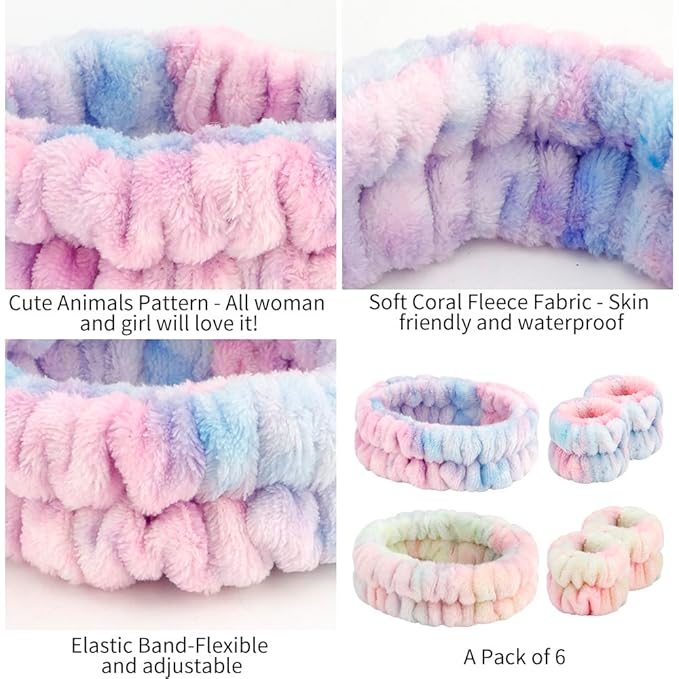 AHONEY Skincare for Teens Kids Headband Wrist Cuffs for Washing Face Wash Headbands for Girls Wome, Cute Fuzzy Tie-dye Spa Headband and Wristband Set Sleepover Accessories Teen Stuff