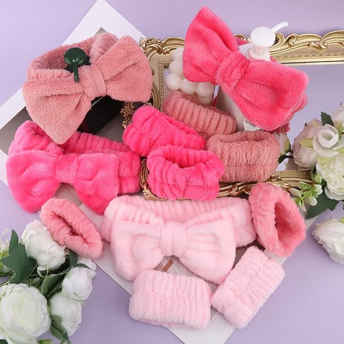 SPA Headbands for Washing Face Makeup Headbands with Bow Hair Band Women Facial Head Band Laurel Wrist Towel Wraps For Shower Face Mask Red Pink, 12 Pack
