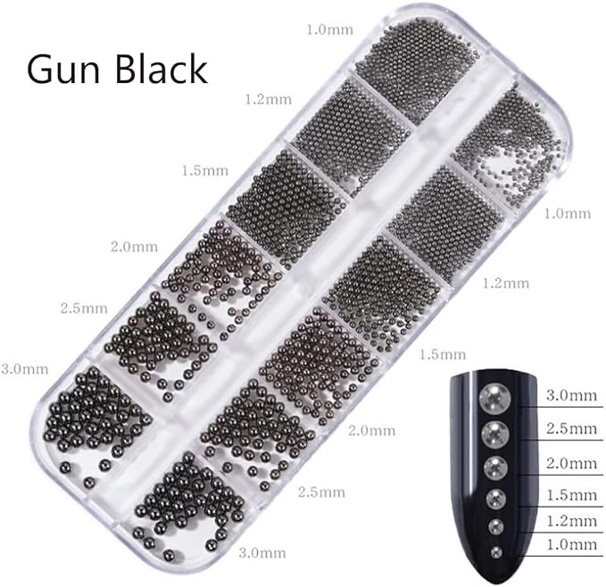 0.8mm Mini Small Nail Beads Stainless Steel Beads Black Nail Charms Nails Art Decorations Gun Grey Rose Gold Caviar Nail Charms DIY Tool Nail Studs Accessories Caviar Tips for Manicure (Black)