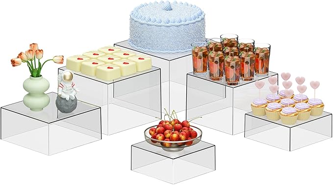 6 Pcs Clear Acrylic Boxes for Display as Buffet Risers and Stands, Food Risers for Party, Table, Stands, including 10", 9", 8.5", 8", 7.5", 6.8", (Large, 6Pcs, Clear)