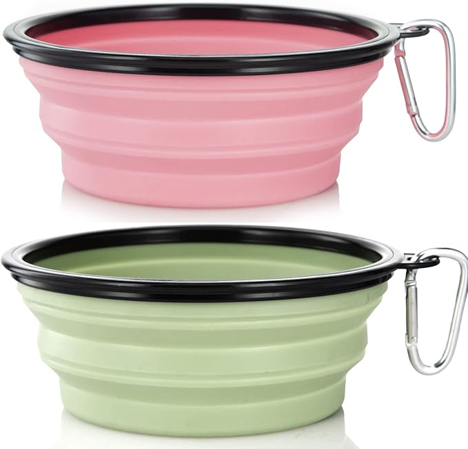 Large Dog Bowl Pet Collapsible Bowls, 2 Pack Collapsible Dog Water Bowls for Cat Dogs Portable Pet Feeding Water Dish for Walking Parking Traveling with 2 Carabiners (Large, Fairy pink & Sprout Green)