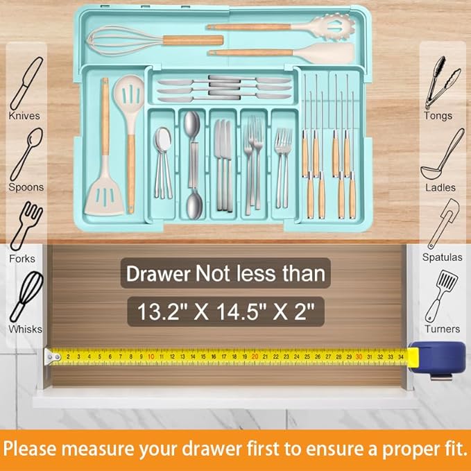 Homecor Silverware Organizer - Expandable Large Kitchen Drawer Organizer Utensil Organizer with 2 Knife Block Inserts, 22"x 19"Cutlery Tray with Drawer Dividers for Kitchen Flatware (Turquoise)