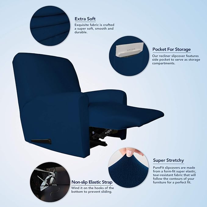 PureFit Super Stretch Chair Sofa Slipcover with Pocket – Spandex Non Slip Soft Couch Sofa Cover, Washable Furniture Protector with Elastic Bottom for Kids, Pets （Recliner, Navy）