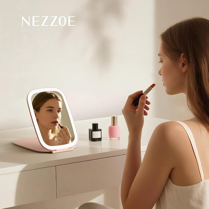 Rechargeable Travel Makeup Mirror with LED Light, 3 Lighting Modes, 7 x 5 Inch Foldable Vanity Mirror for Desk or On The Go, Pink