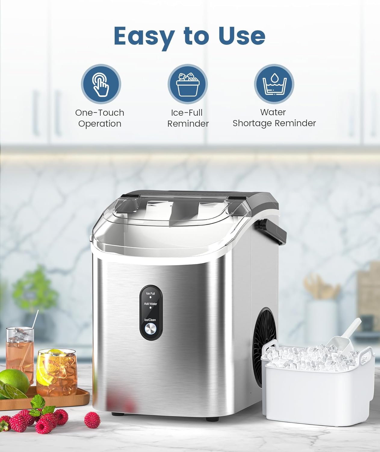 Antarctic Star Nugget Ice Maker Countertop with Handle, Stainless Steel, 35Lbs/24Hrs,7 Mins Ice Making, Pellet Ice Maker with Ice Basket/Ice Scoop for Home/Bar/Party/Office