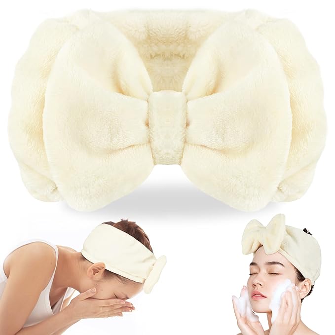 Shintop Spa Headband Soft Carol Fleece Makeup Headband with Cute Bow Elastic Hairand for Washing Face Skincare Facial Mask Bath GiftÃ¯Â¼ÂCreamy WhiteÃ¯Â¼Â