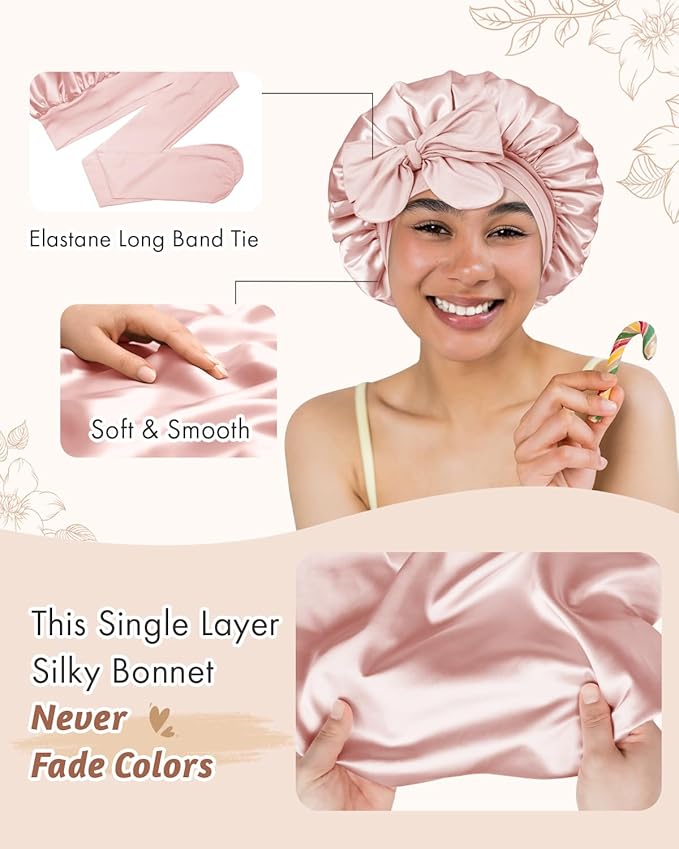 BONNET QUEEN Silk Bonnet for Sleeping Women Satin Bonnet Anti-Frizzy Night Sleep Cap Wrap for Curly Hair with Adjustable Tie Band, Champagne
